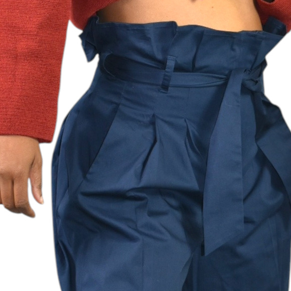 M Martin Pants Blue Cotton Sateen Trousers Wide Loose Straight Crop Paperbag 2 - Picture 5 of 14